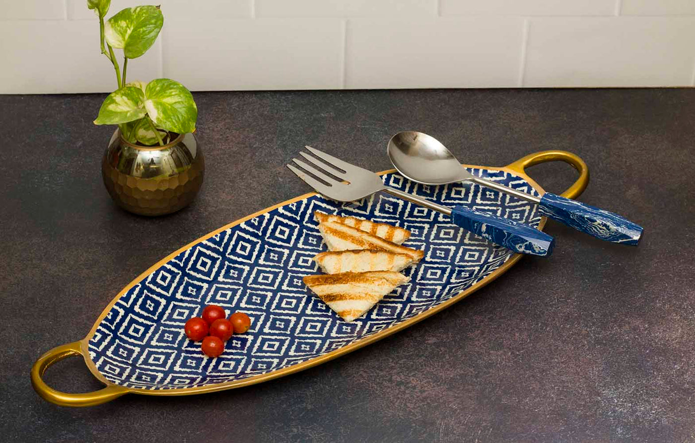 Blue Ikkat Aluminium Platter Shaped Platter with Dip Bowl - Dining & Kitchen - 2