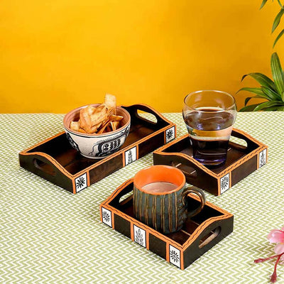 Trays with Tribal Art Handcrafted in MangoWood - Set of 3 (9x5/6x4/5x5") - Dining & Kitchen - 1