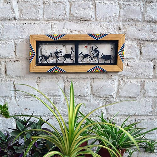 Wrought Iron Tribal Wooden Frame 2 Box Jaali Wall Hanging - Wall Decor - 1