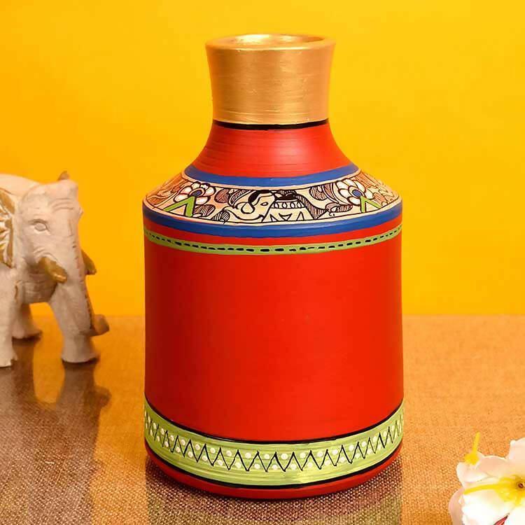 Vase Earthen Handcrafted Red Madhubani (7.2x4.5") - Decor & Living - 1