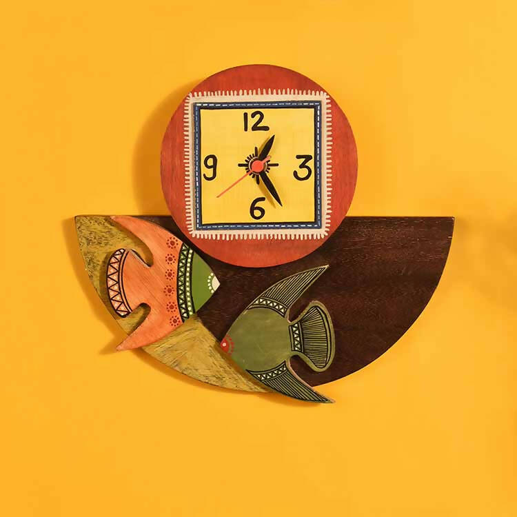 Wall Clock Handcrafted Wooden Tribal Art with Fish Motif (9.4x1.7x8.4") - Wall Decor - 1