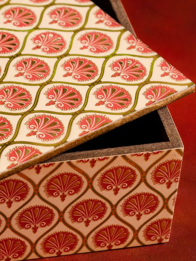Box Wooden Printed Moroccon Red and Gold Motif - Storage & Utilities - 3