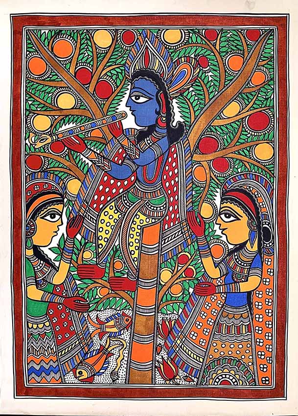 Madhubani Painting with Krishna Gopi Theme - Wall Decor - 2