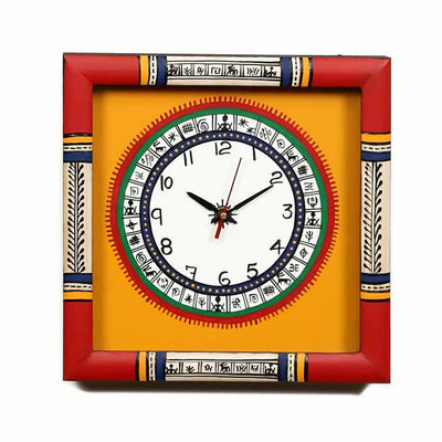 Wall Clock Handcrafted Warli Art Yellow Dial with Glass Frame (10x10") - Wall Decor - 1