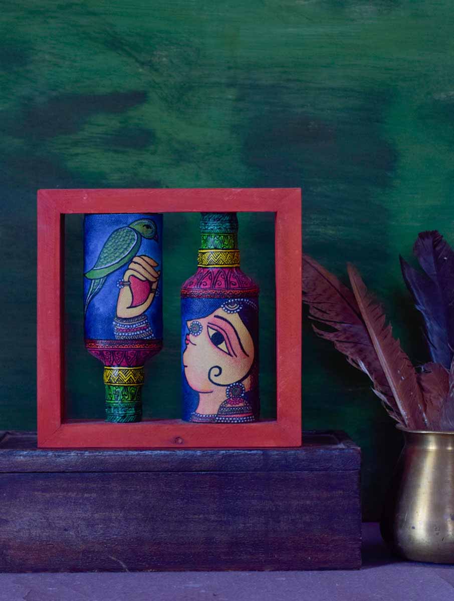 Rectangle Handpainted Flip Flop Vintage Glass Bottle Wooden Frame with Cherial Art - Decor & Living - 3