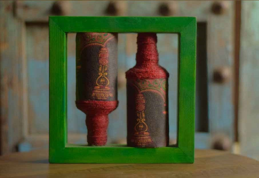 Vermillion Green Rectangle Handpainted Flip Flop Vintage Glass Bottle Wooden Frame with Pattachitra Art - Decor & Living - 4