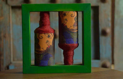 Vermillion Green Rectangle Handpainted Flip Flop Vintage Glass Bottle Wooden Frame with Pattachitra Art - Decor & Living - 3
