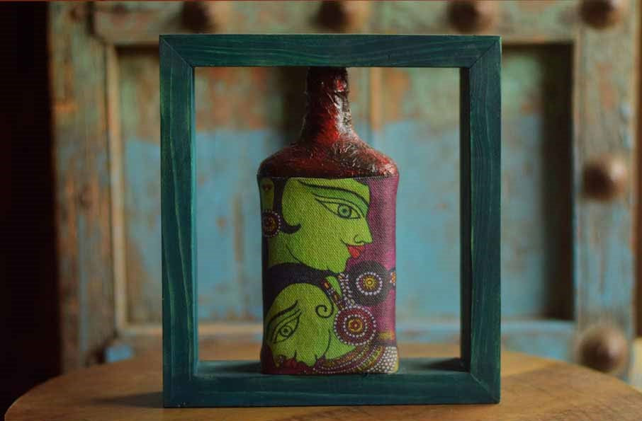Purple Green Rectangle Handpainted Flip Flop Vintage Glass Bottle Wooden Frame with Pattachitra Art - Decor & Living - 1