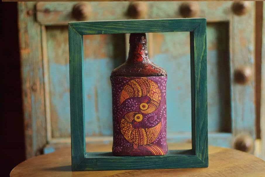 Purple Green Rectangle Handpainted Flip Flop Vintage Glass Bottle Wooden Frame with Pattachitra Art - Decor & Living - 3