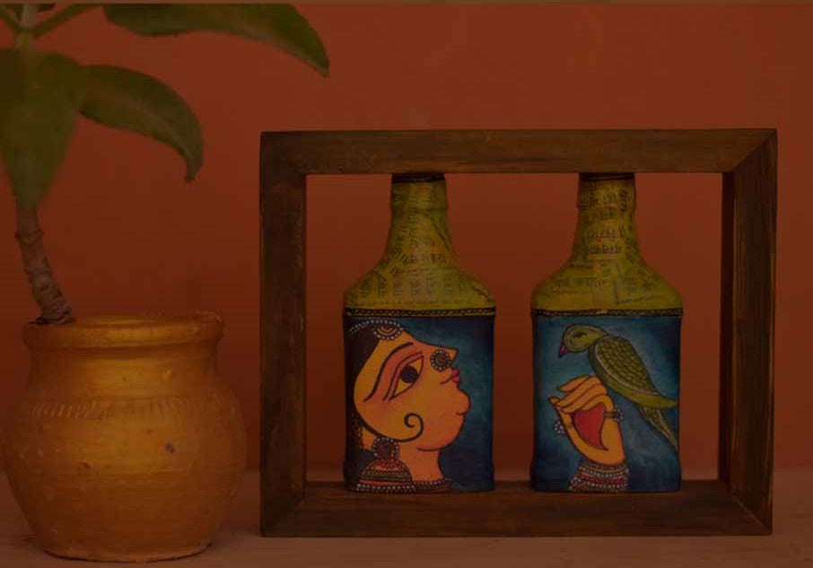 Green Rectangle Handpainted Flip Flop Vintage Glass Bottle Wooden Frame with Pattachitra Art - Decor & Living - 1