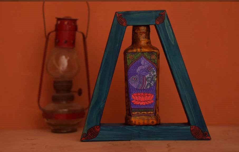 Triangle Handpainted Flip Flop Vintage Glass Bottle Wooden Frame with Pattachitra Art - Decor & Living - 4