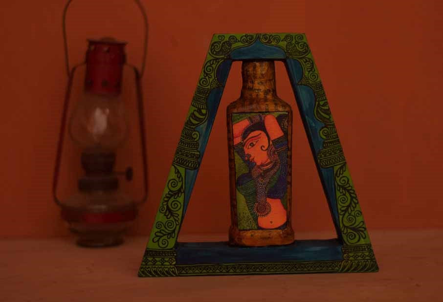 Triangle Handpainted Flip Flop Vintage Glass Bottle Wooden Frame with Pattachitra Art - Decor & Living - 3