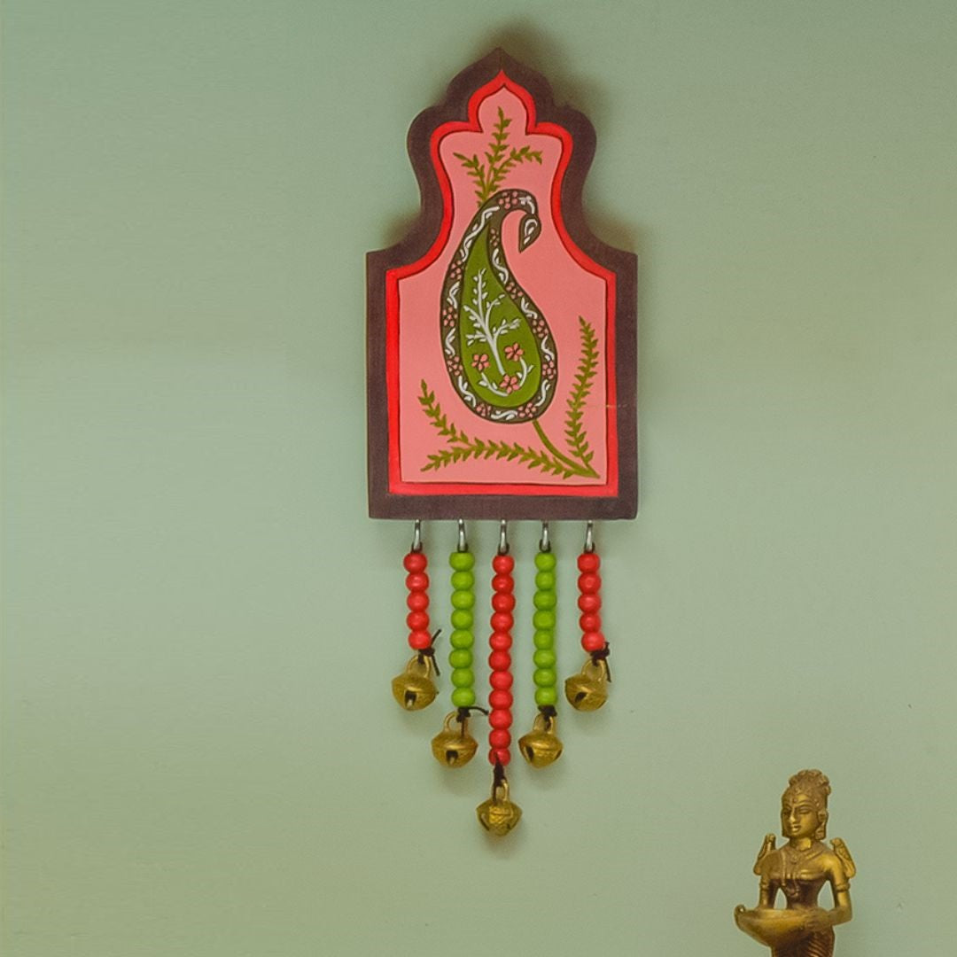 Handpainted Red Peach Paisley Yellow Antique Vintage Wooden Wallart with Wooden Beads and Brass Ornament - Wall Decor - 3