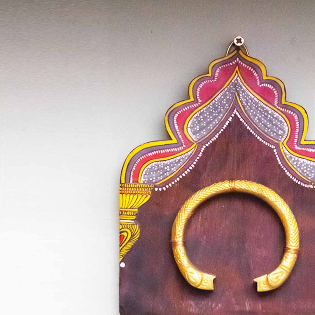 Handpainted Yellow Red Miniature Antique Vintage Wooden Wallart with Brass Ornament - Wall Decor - 3