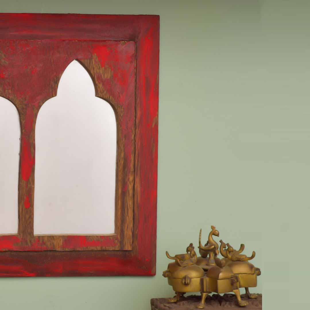Handpainted Red Antique Mirror with Vintage Wooden Frame - Decor & Living - 2