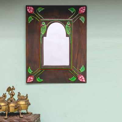 Handpainted Parrot Pattachitra Mirror with Vintage Wooden Frame - Decor & Living - 1