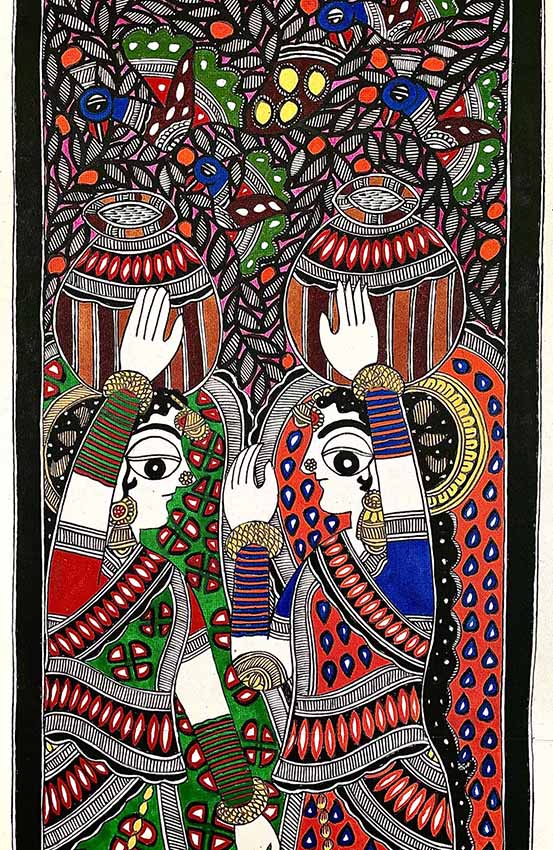 Madhubani Painting with the Theme of Village Women with Water Pitcher - Wall Decor - 2