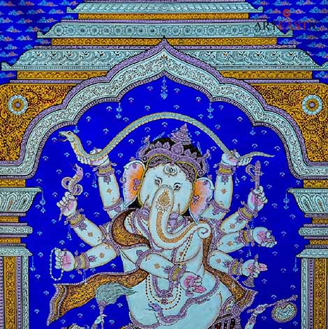 Pattachitra Painting of Ganesh on Blue Tussar - Wall Decor - 3