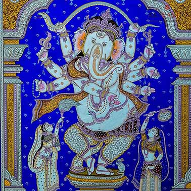 Pattachitra Painting of Ganesh on Blue Tussar - Wall Decor - 2
