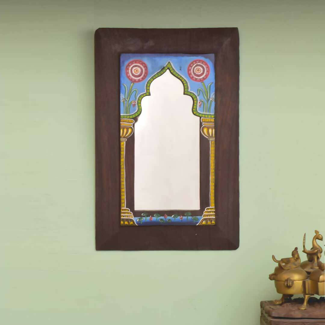 Handpainted Lotus Pattachitra Mirror with Vintage Wooden Frame - Decor & Living - 1