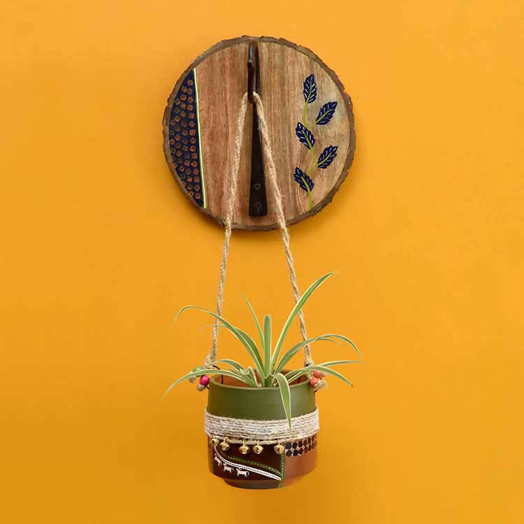 Jute Embellished Brown Earthen Planter on a Round Wall Hook - Decor & Living - 1