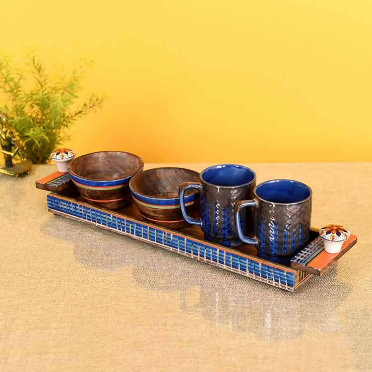 Azure Handcrafted Breakfast Set of 2 Cups & 2 Wooden Bowls - Dining & Kitchen - 1