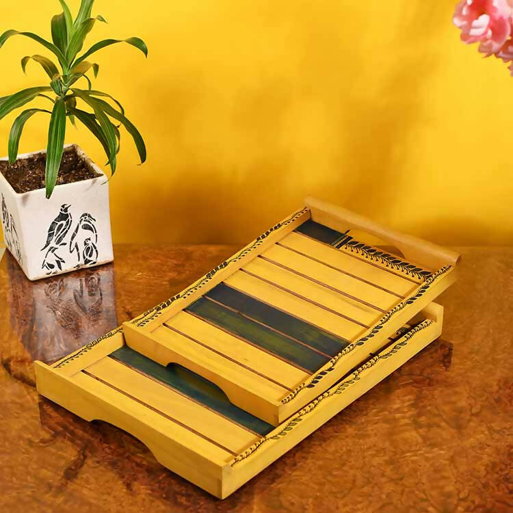 Trays in Yellow with Tribal Art Handcrafted in Rosewood - Set of 2 (14x10/12x8") - Dining & Kitchen - 1