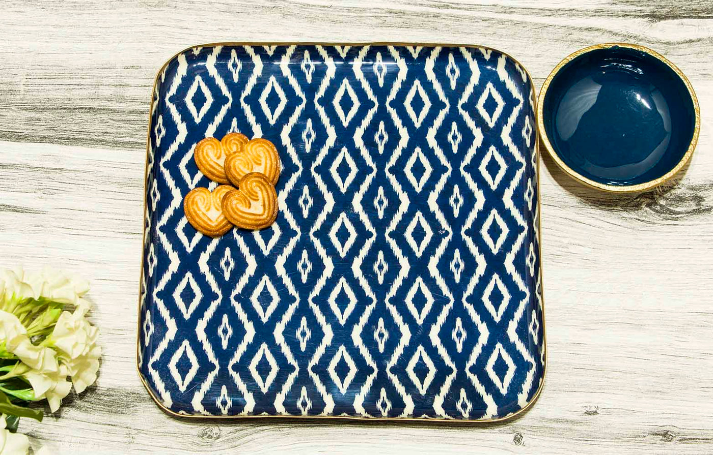 Blue Ikat Square Platter with Aluminium Bowl - Dining & Kitchen - 2