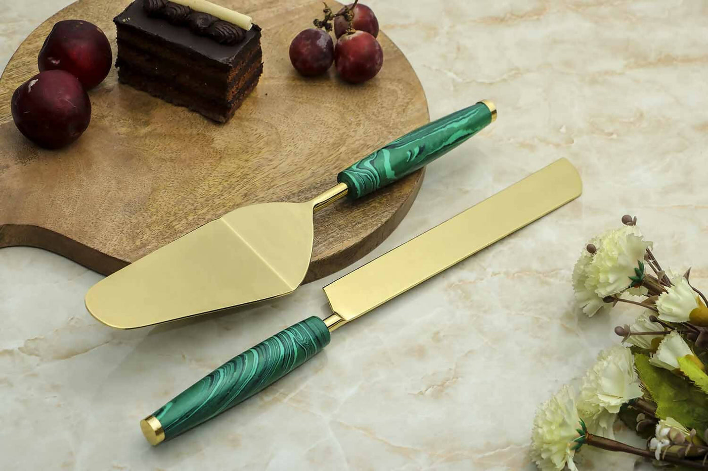 Green Stone Dust with Stainless Steel Cake Server - Set of 2 - Dining & Kitchen - 1