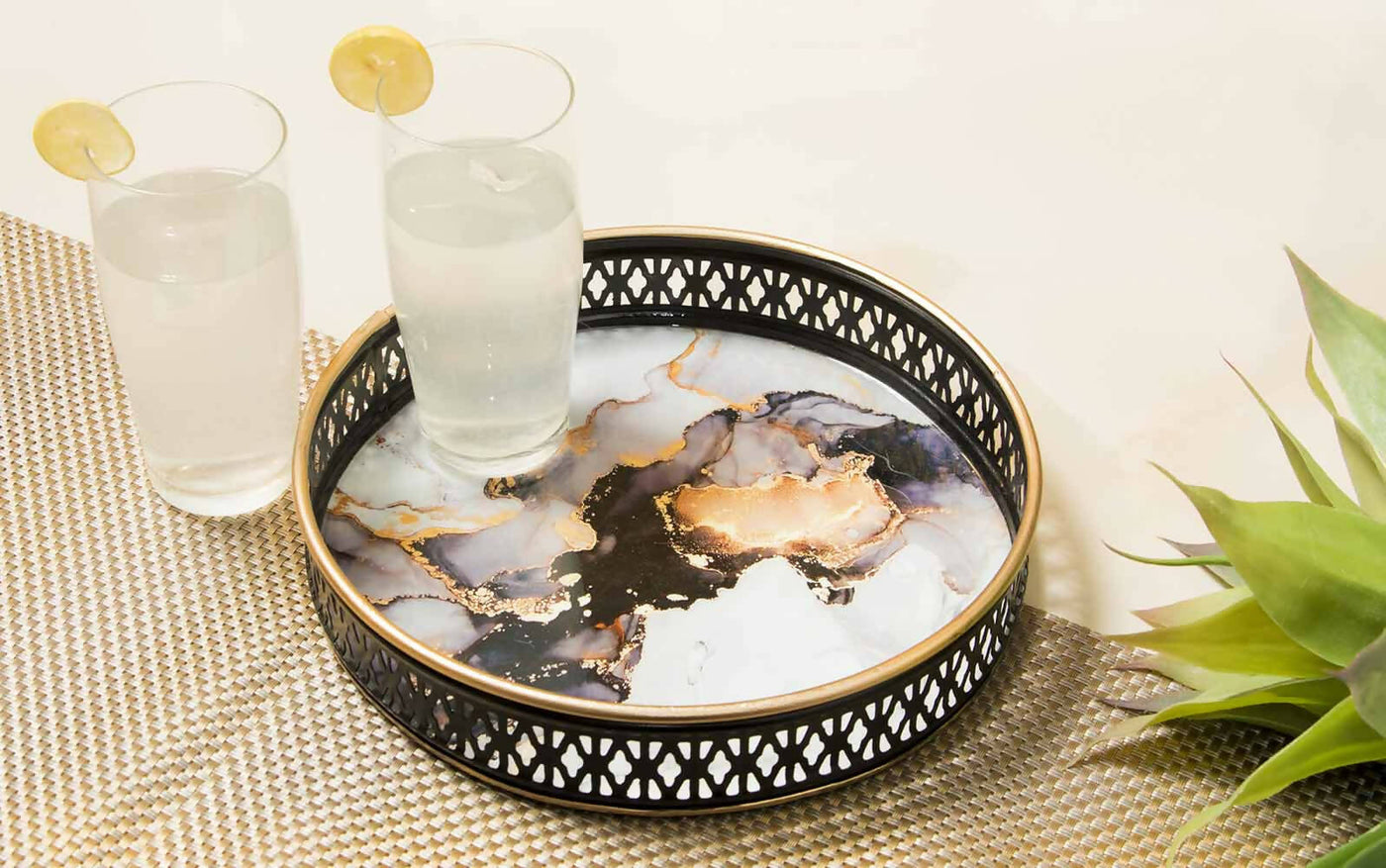Midnight Black Abstract Print Iron Round Tray (Small) - Dining & Kitchen - 1