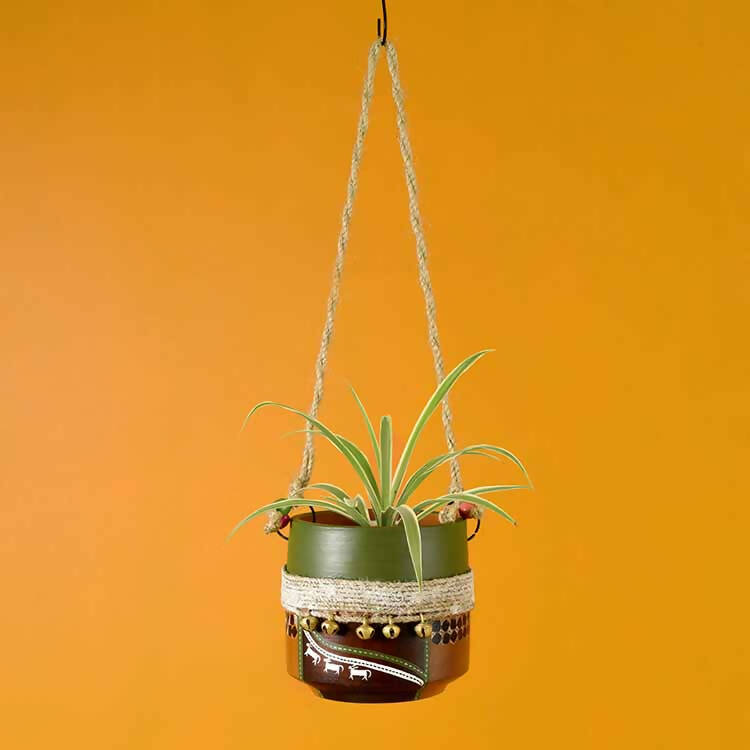 Jute Embellished Brown Hanging Earthen Planter - Decor & Living - 1
