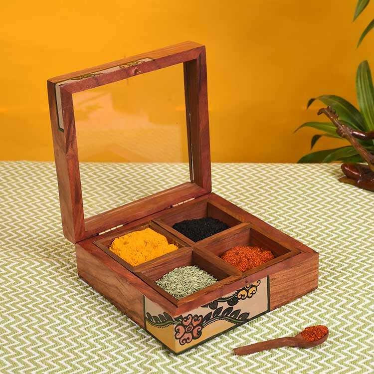 Spice Box Handcrafted Tribal Art 4 Slot Wooden with Spoon (6x6x2") - Dining & Kitchen - 1