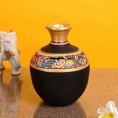 Vase Earthen Handcrafted Black Madhubani (6x4") - Decor & Living - 1