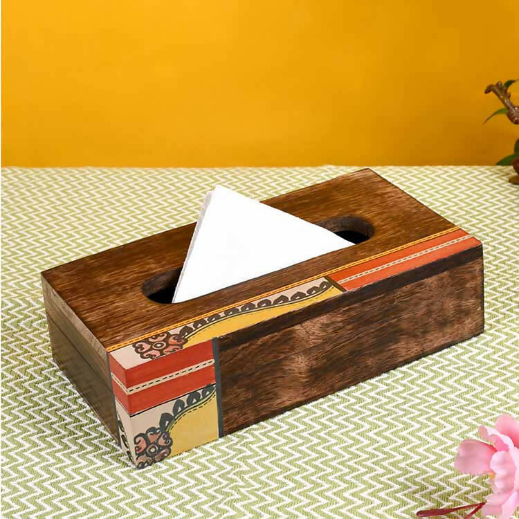 Tissue Box Handcrafted in Wood with Tribal Art Flower Design (9x5x2.5") - Dining & Kitchen - 1