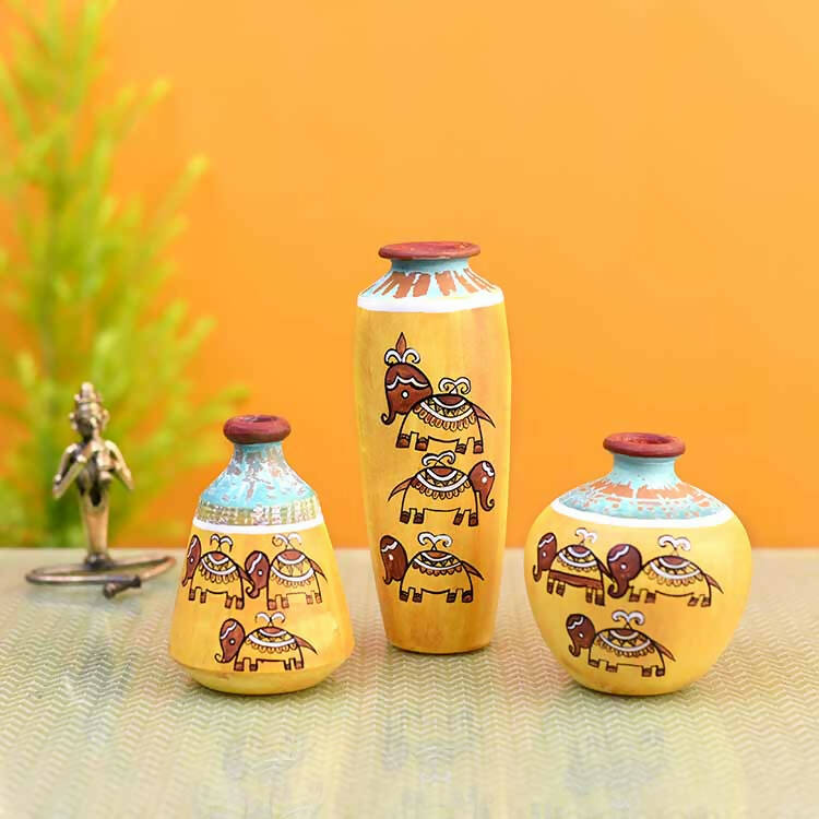 Happy Elephant Scratched Yellow Vase - Set of 3 - Decor & Living - 1