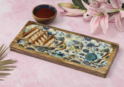 Floral Blue Wooden Platter with Wooden Dip Bowl - Dining & Kitchen - 1