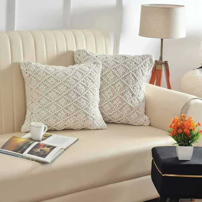 Macrame Cotton Cushion Cover Diamond Boxes Floral Pattern - Decor & Living - 1