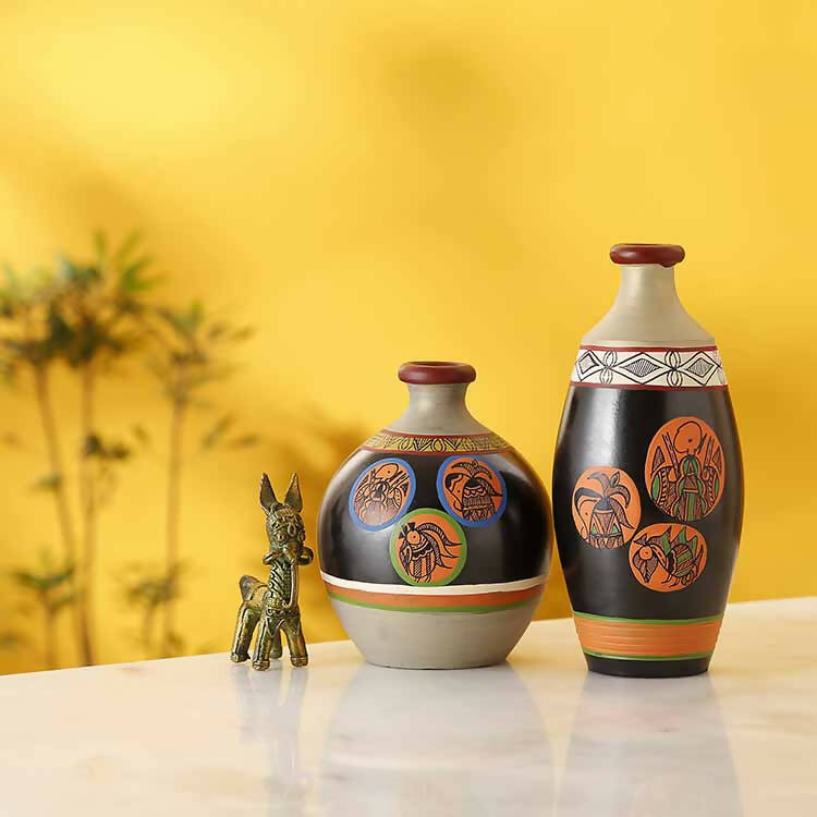 Black Earthen Vases with Madhubani Tattoo Art - Set of 2 - Decor & Living - 1