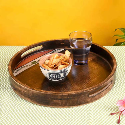 Tray Round Shape Handpainted with Flower Motifs Handcrafted in Mango Wood (12x12") - Dining & Kitchen - 1