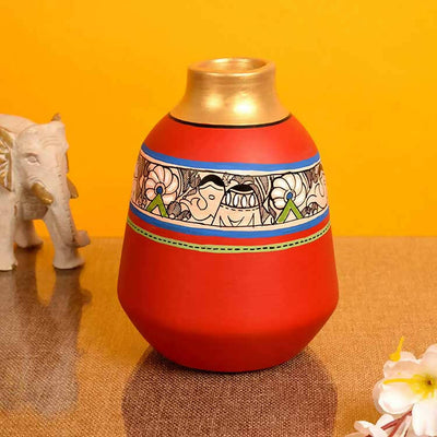 Vase Earthen Handcrafted Red Madhubani (6.5x5.5") - Decor & Living - 1