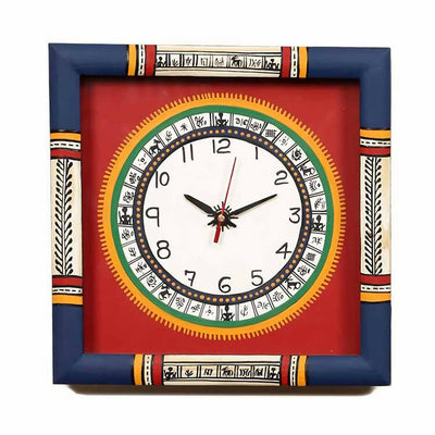 Wall Clock Handcrafted Warli Art Red Dial with Glass Frame (10x10") - Wall Decor - 1