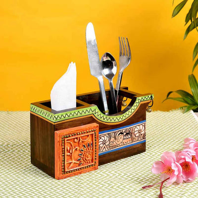 Cutlery Holder Handcrafted in Wood with Madhubani Art (8x3.5x4") - Dining & Kitchen - 1