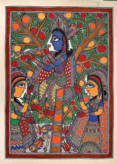 Madhubani Painting with Krishna Gopi Theme - Wall Decor - 1