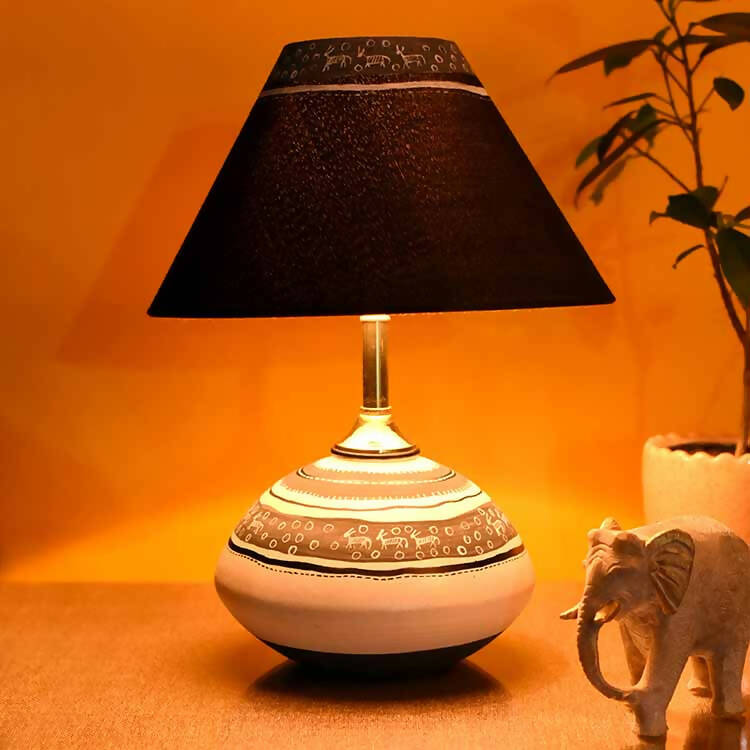 Table Lamp B&W Earthen Handcrafted with Black Shade (9.5x7") - Decor & Living - 1