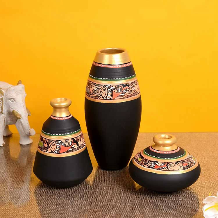 Vase Earthen Black Madhubani - Set of 3 - Decor & Living - 1
