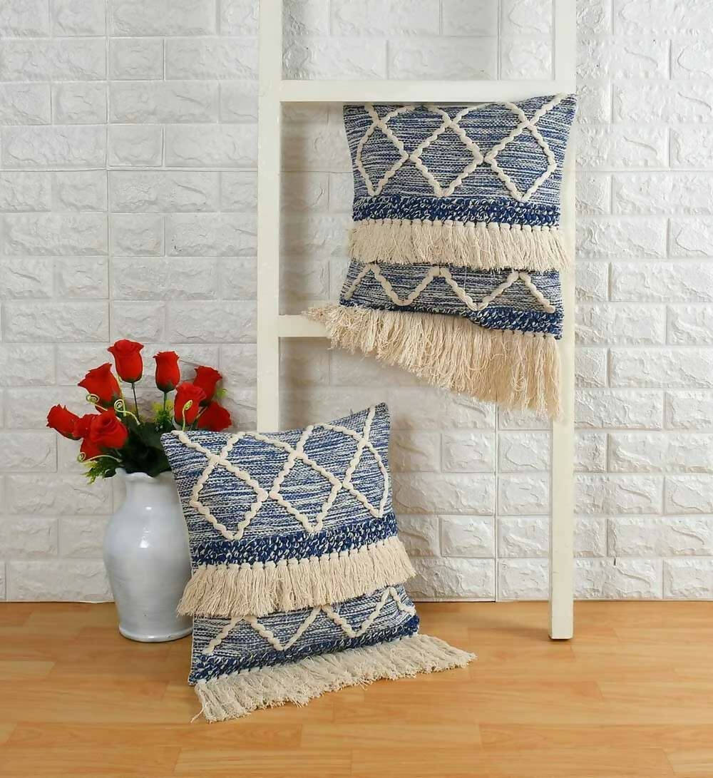 Blue Tufted Cushion Cover Tassels, Wave, Blue, Off-White - Decor & Living - 1