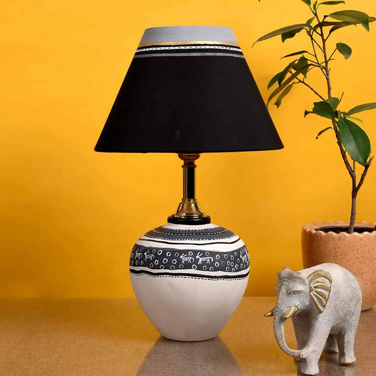 Table Lamp B&W Earthen Handcrafted with White Shade (9x5.3") - Decor & Living - 1
