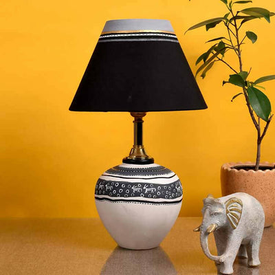 Table Lamp B&W Earthen Handcrafted with White Shade (9x5.3") - Decor & Living - 1