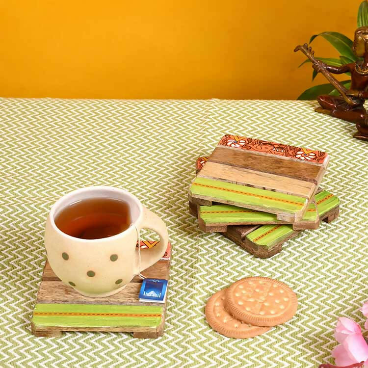 Coaster Sq Mangowood Handcrafted with Madhubani Art - Set of 4 (4x4") - Dining & Kitchen - 1