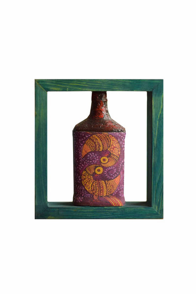 Purple Green Rectangle Handpainted Flip Flop Vintage Glass Bottle Wooden Frame with Pattachitra Art - Decor & Living - 4